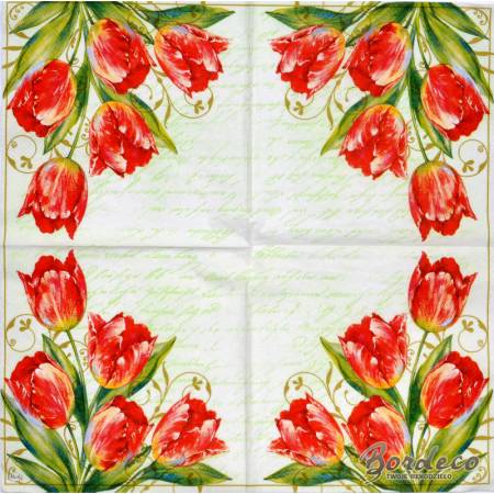 Serwetka do decoupage MAKI czerwone tulipany i napisy 33x33cm